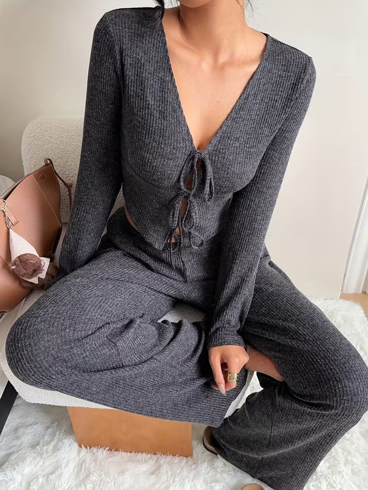 Women’s Tie Front Long Sleeve Top and Wide Leg Trousers Set