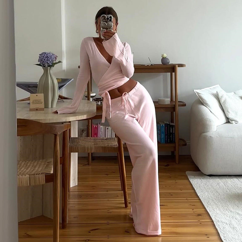 Women’s Two-Piece Set with Long Sleeve Top and Tie-Waist Trousers
