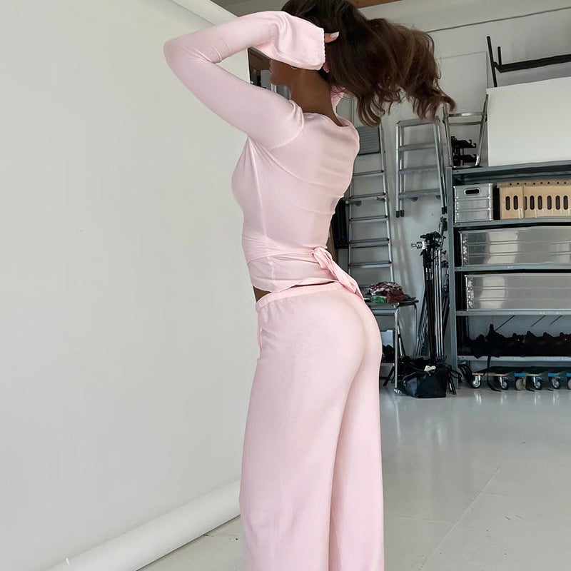 Women’s Two-Piece Set with Long Sleeve Top and Tie-Waist Trousers