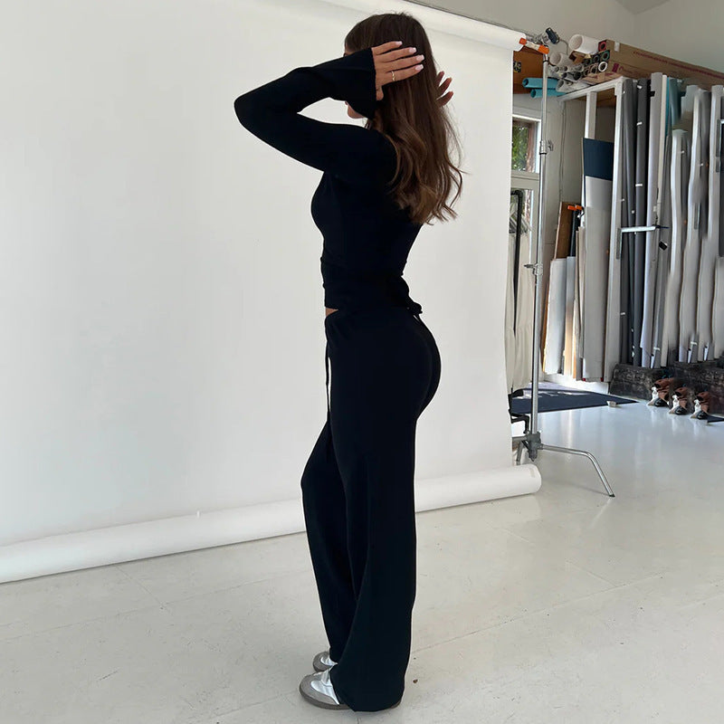 Women’s Two-Piece Set with Long Sleeve Top and Tie-Waist Trousers