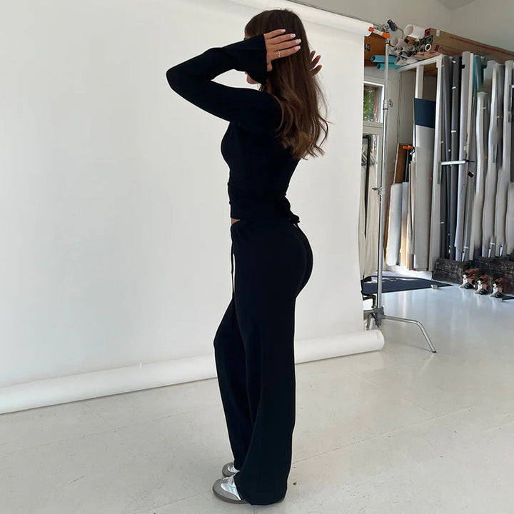 Women’s Two-Piece Set with Long Sleeve Top and Tie-Waist Trousers