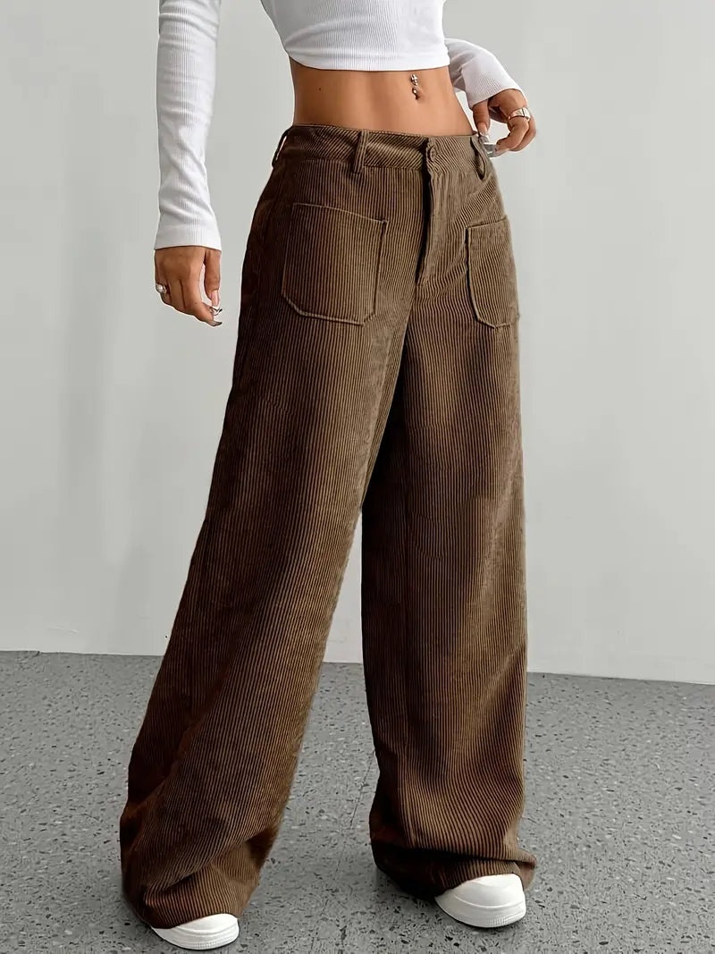Women's Wide-Leg Trousers with High Waist, Button Closure and Patch Pockets