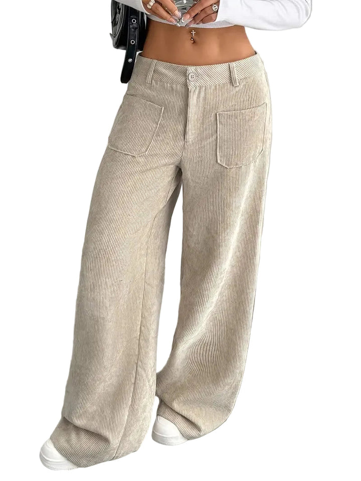 Women's Wide-Leg Trousers with High Waist, Button Closure and Patch Pockets